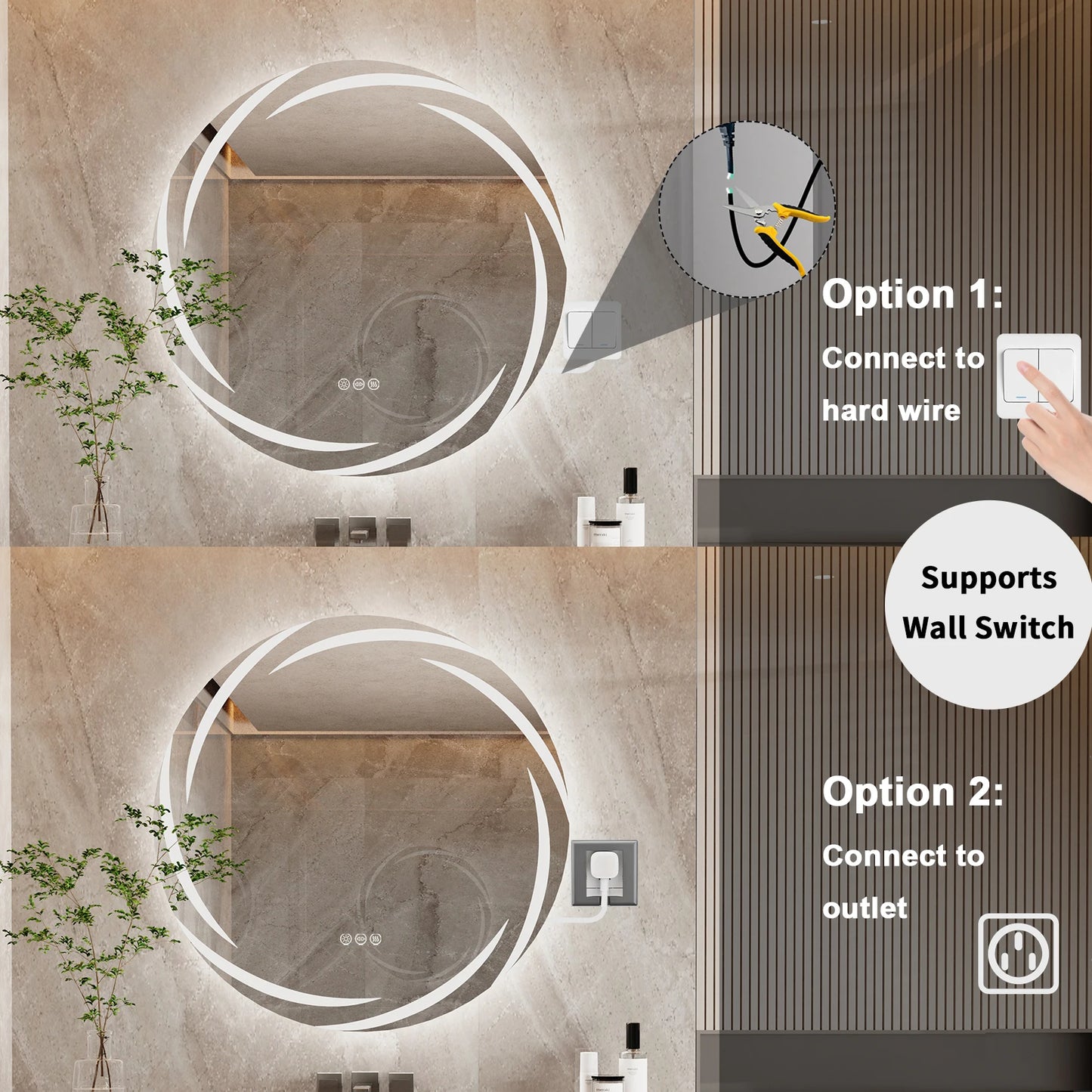 LED Backlit Bathroom Mirror With Anti-Fog, Dimmable Three Lighting Modes