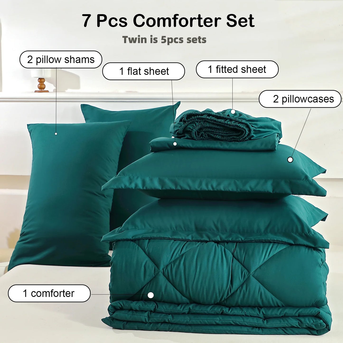 EasYum 7 Piece Bedding Set With Comforter Flat Fitted Sheets