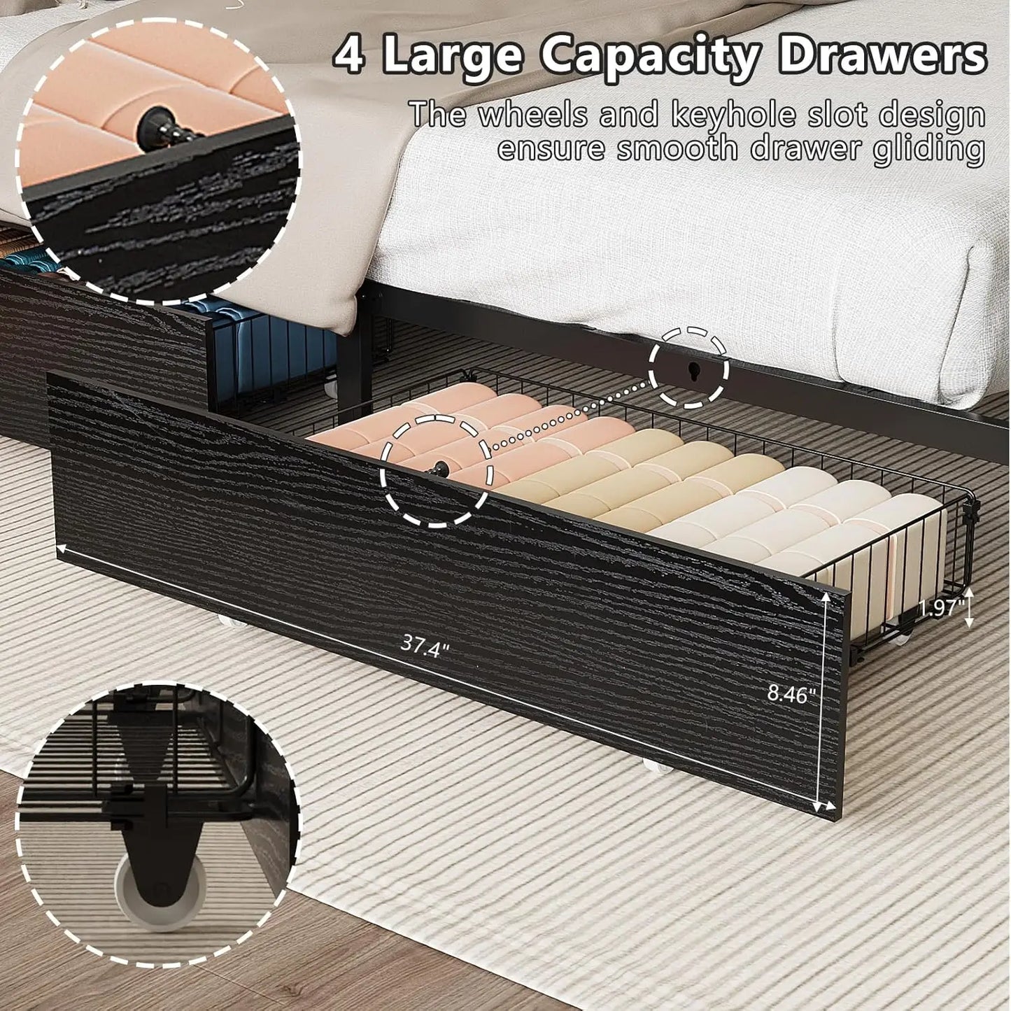 Full Metal Bed Frame With 4 Storage Drawers And Adjustable Headboard Shelf