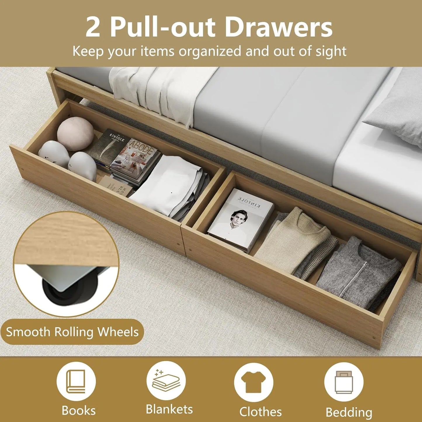 Folded Platform Bed Frame With 2 Storage Drawers, Solid Wood Slats