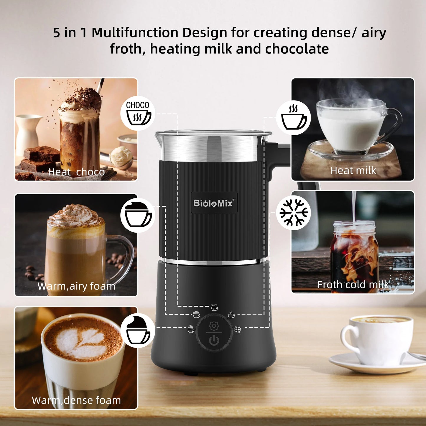Biolomix 5-in-1 Detachable Milk Frother and Steamer
