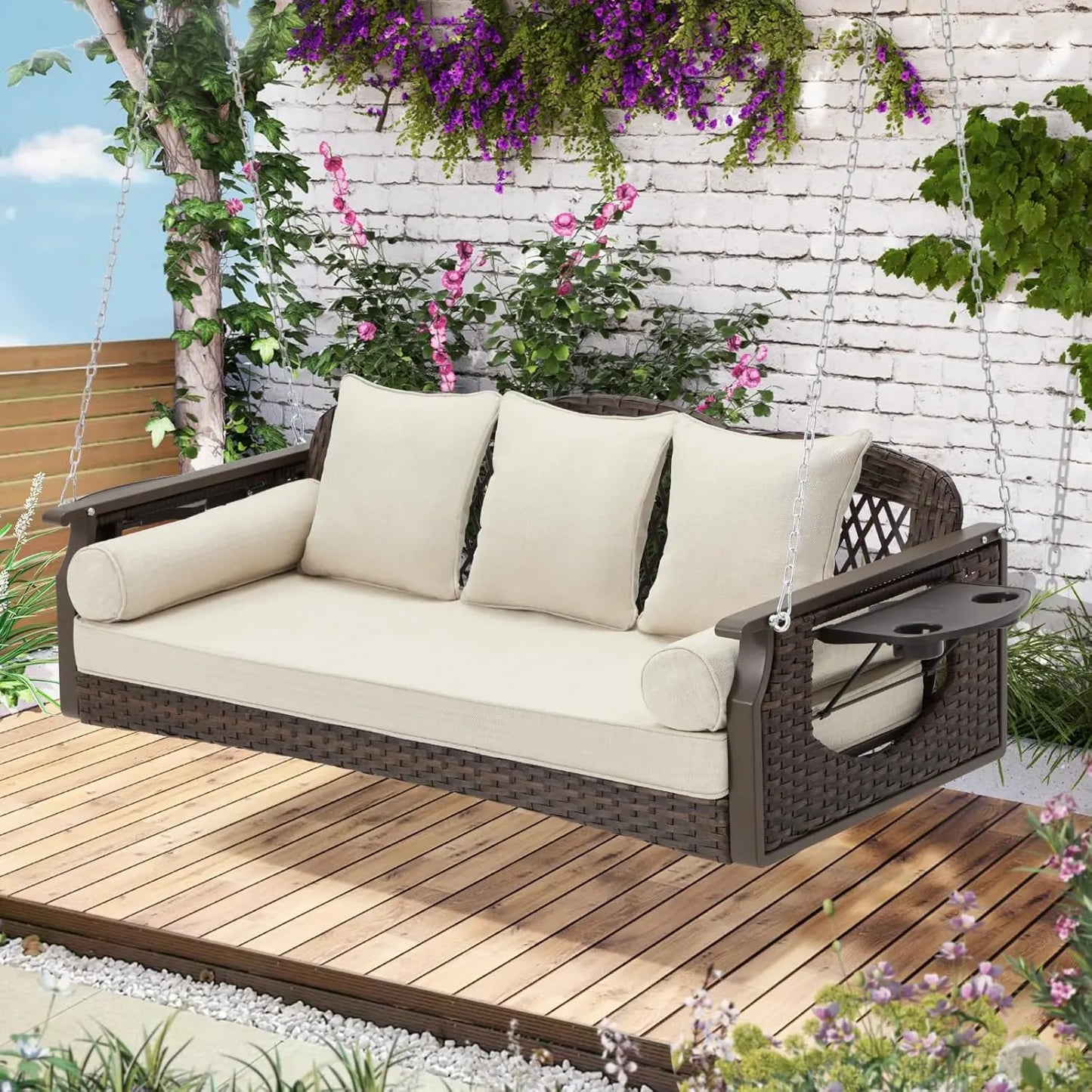 Wicker Porch Swing With Cup Holders And Cushions For Patio