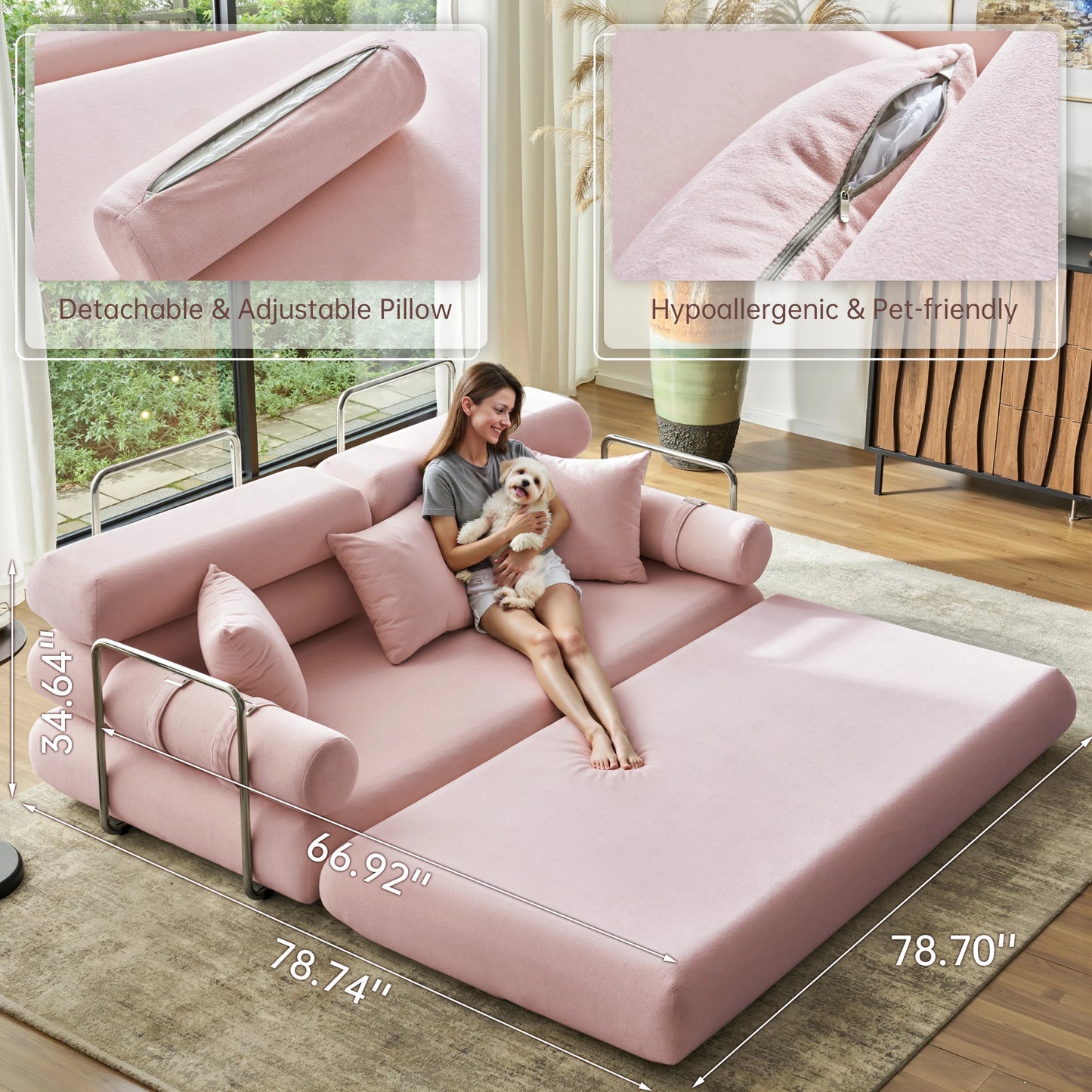 Convertible Sleeper Sofa Bed Floor Couch With Rounded Armrests