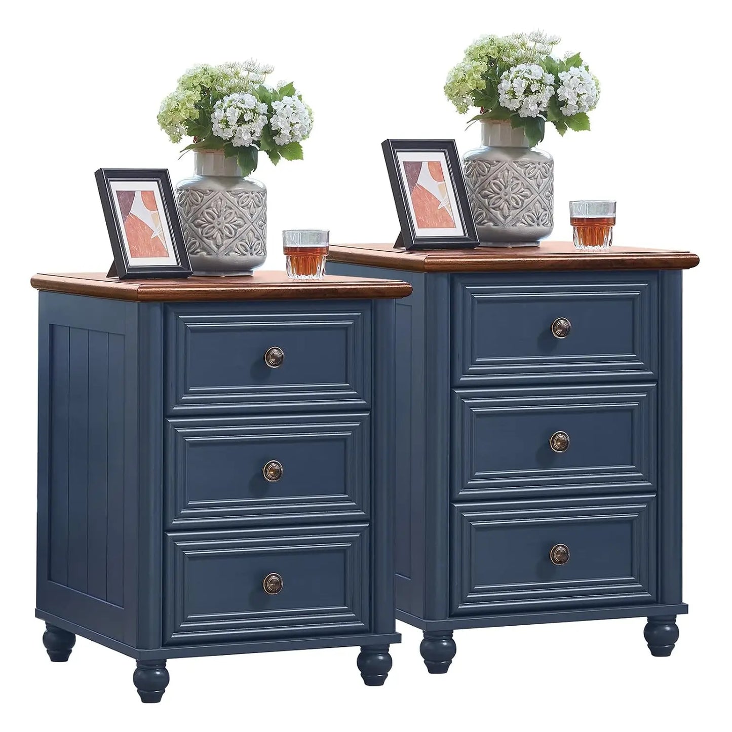 Walnut Farmhouse Nightstands With 3 Drawers Bedside Tables