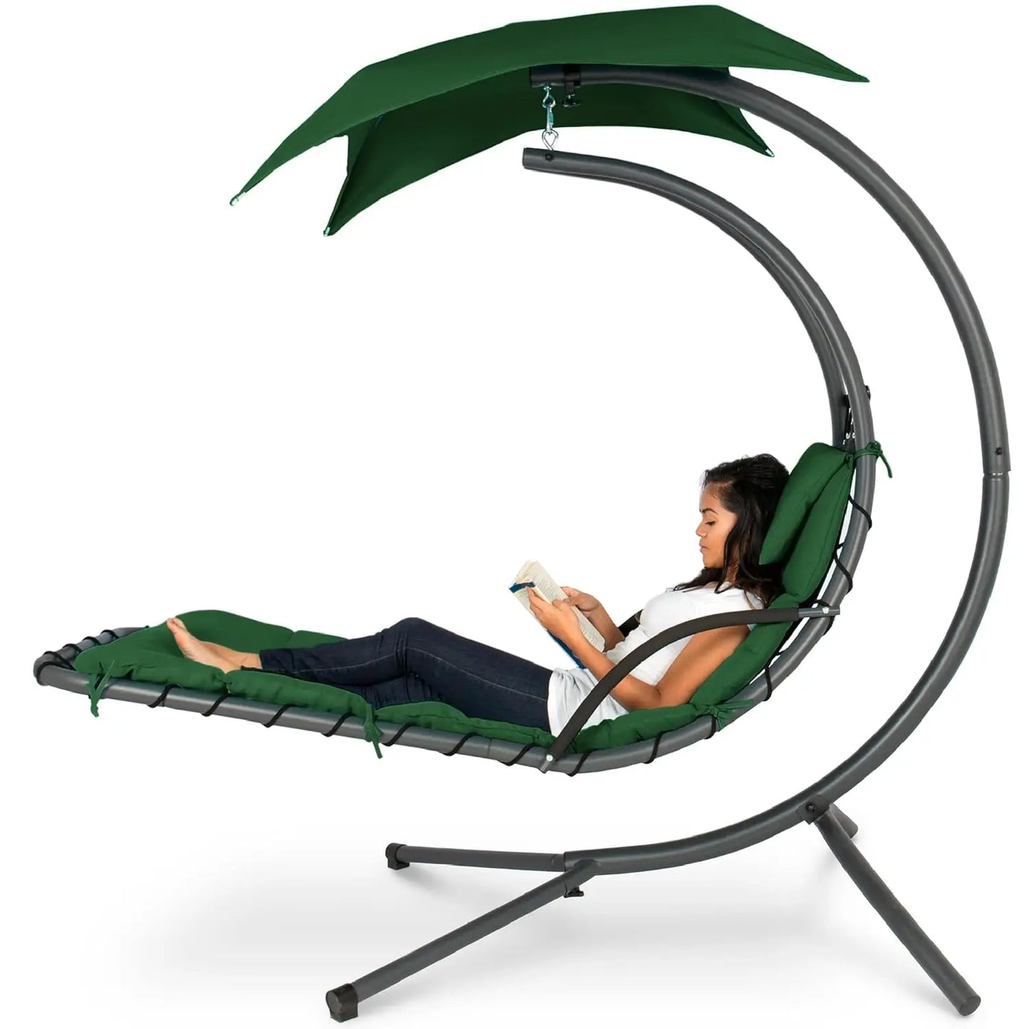 Outdoor Hanging Steel Chaise Lounge Chair With Swing Canopy Pillow