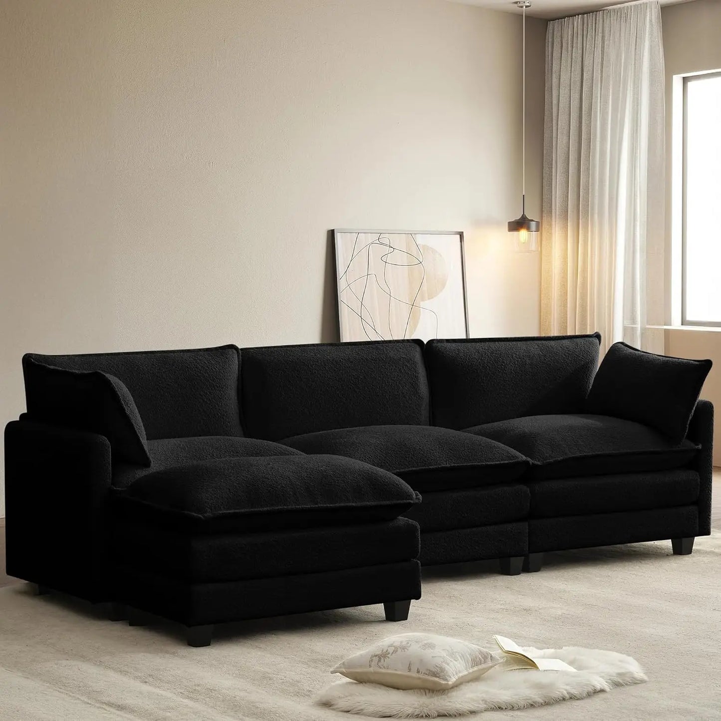 Combination Modular Sectional Sofa With Movable Ottoman L Shape Corduroy