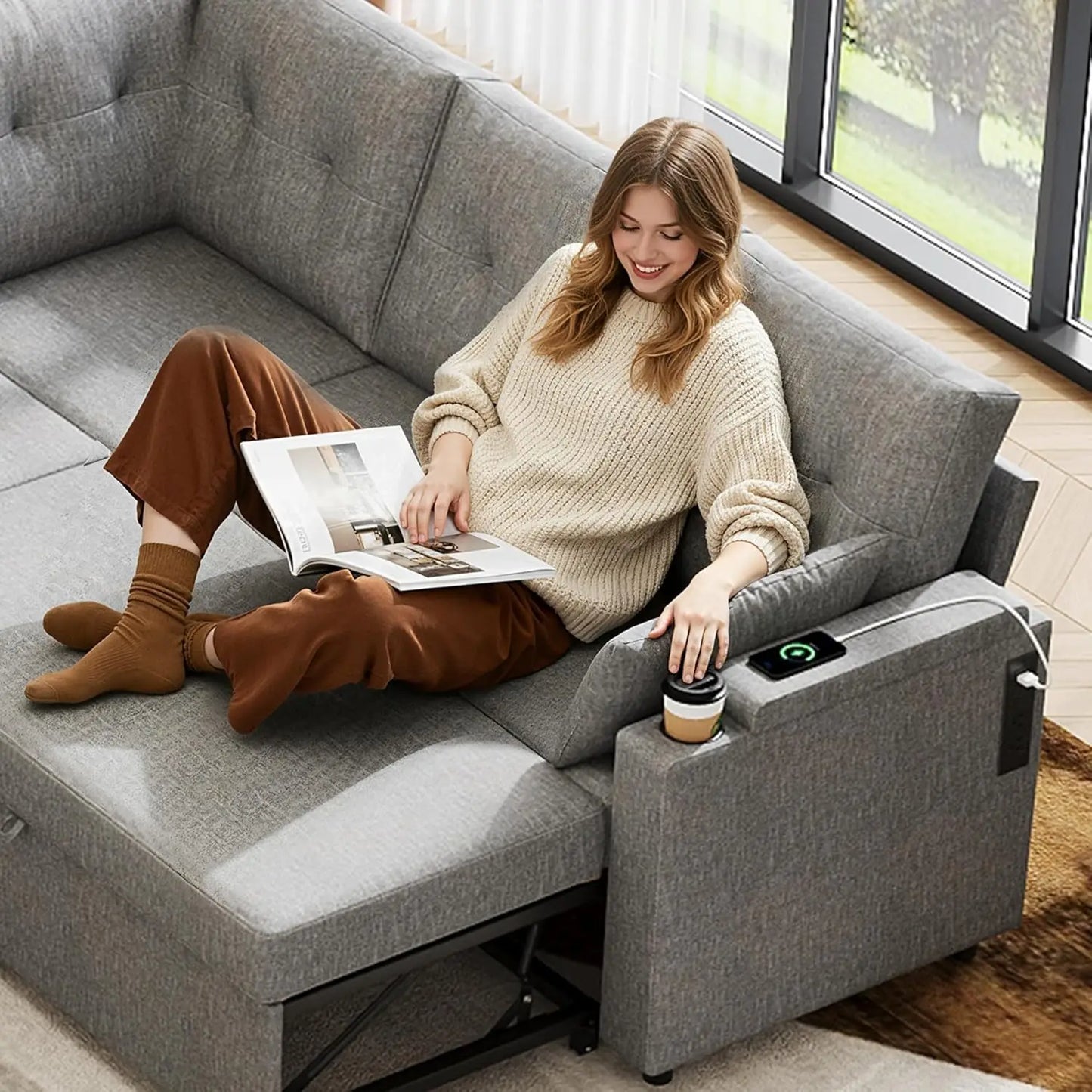 Sectional Sofa With Sleeper And Storage Chaise Linen Cotton Blend