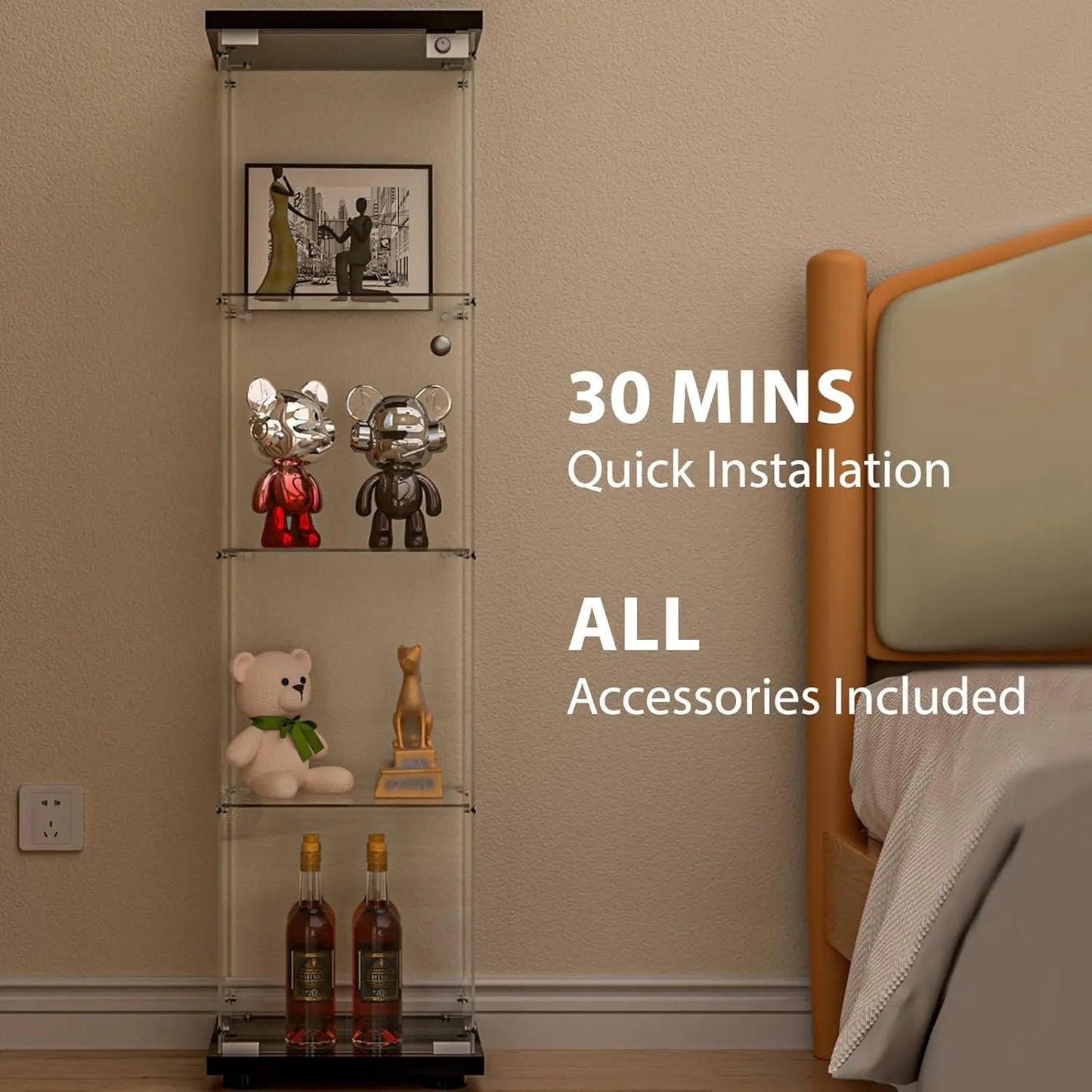 Glass Display Cabinet With Door And Lock 4 Shelf Curio