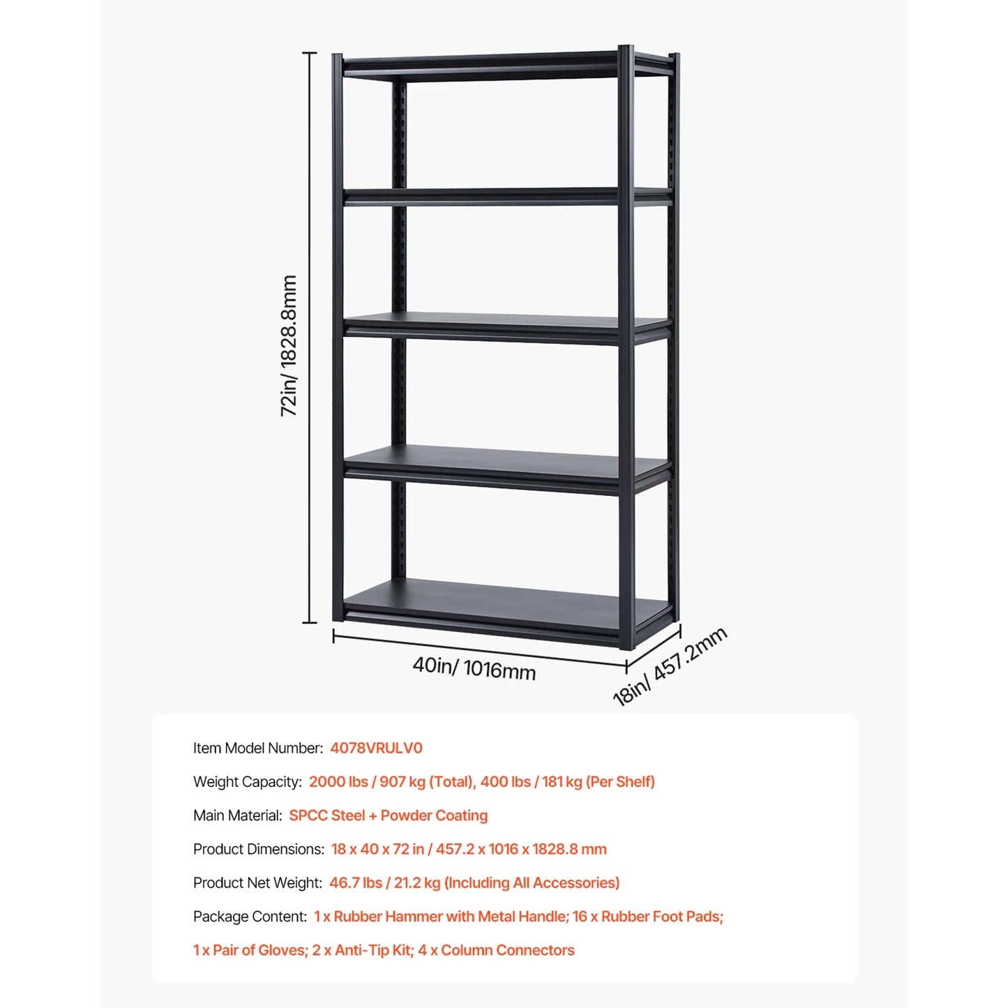 VEVOR 2000 Lbs Adjustable 5 Tier Garage Storage Shelves Metal Rack