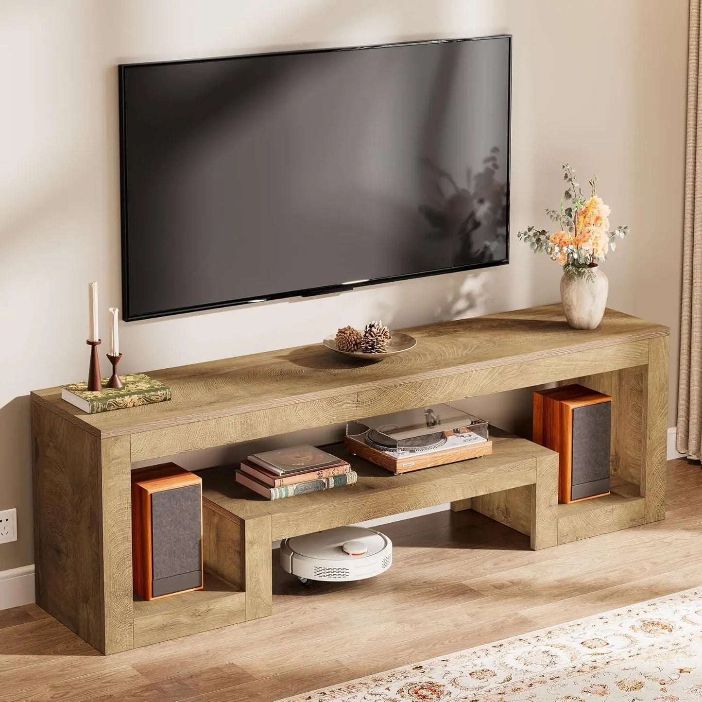 Farmhouse Wood TV Stand Entertainment Center Open Shelves Living Room