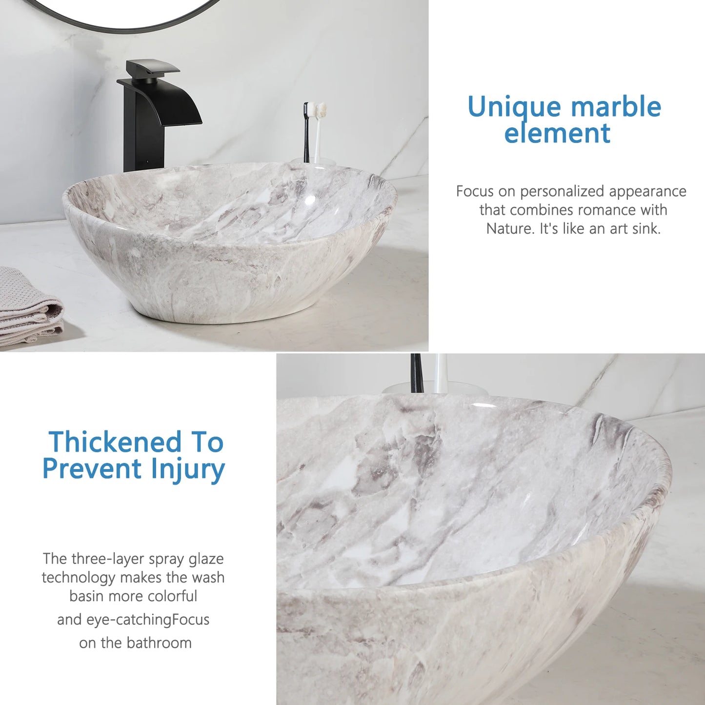 YANKSMART Ceramic Vessel Sink Oval Above Counter With Faucet Drain