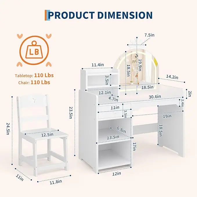HiMISS Vanity With Lights 2 In 1 Desk Chair System