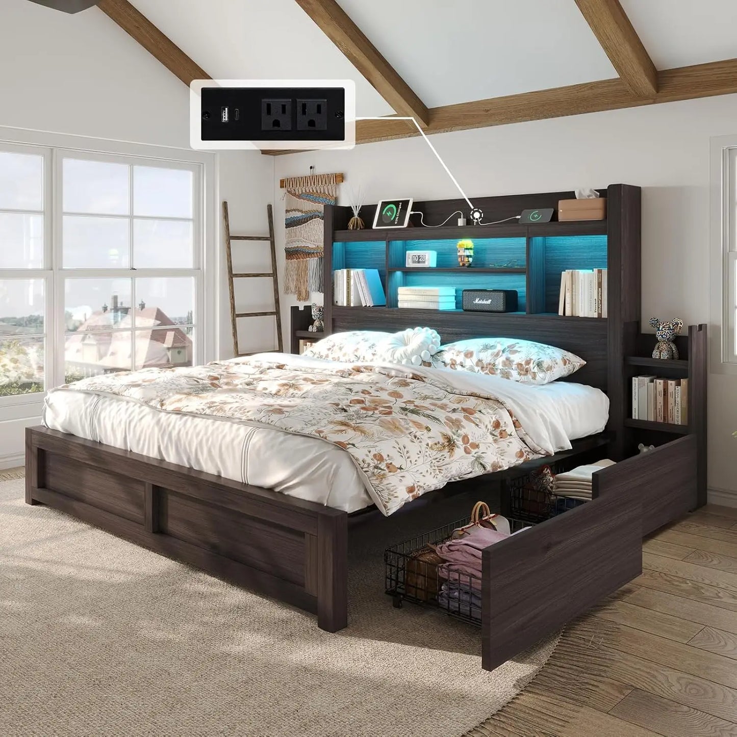 Bed Frame With Bookcase Headboard And Farmhouse Wood Storage Drawers