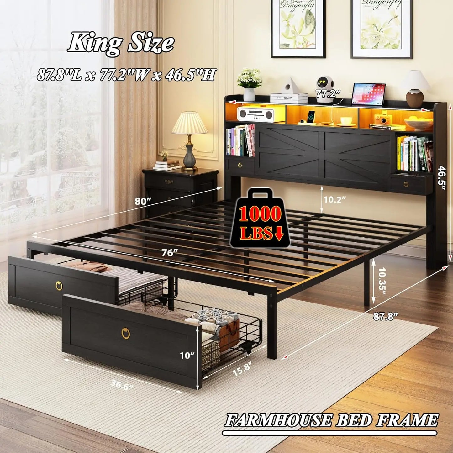 Guangbai Bed Frame With Storage Headboard Bookshelf Drawers