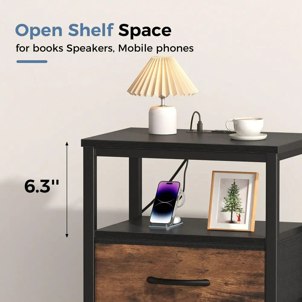 Nightstand With Charging Station And Fabric Drawer Bedside Table