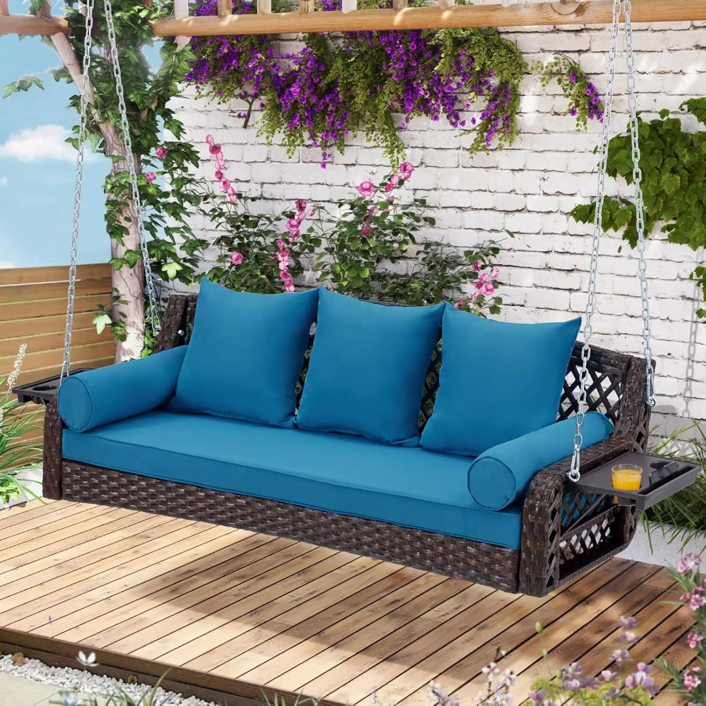 Rattan Porch Swing 3 Seat With Cup Holders And Cushions