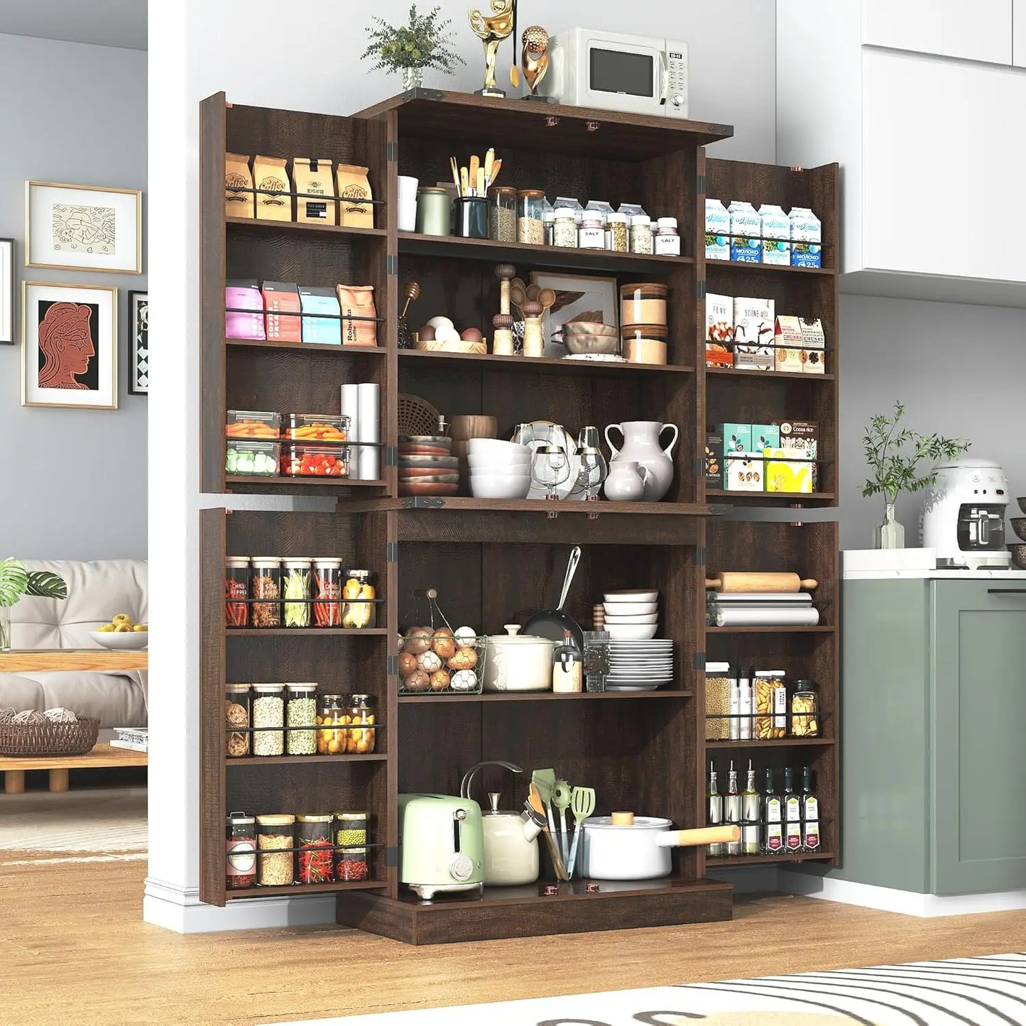 Farmhouse Kitchen Pantry Cabinet With Adjustable Shelves And Barn Doors