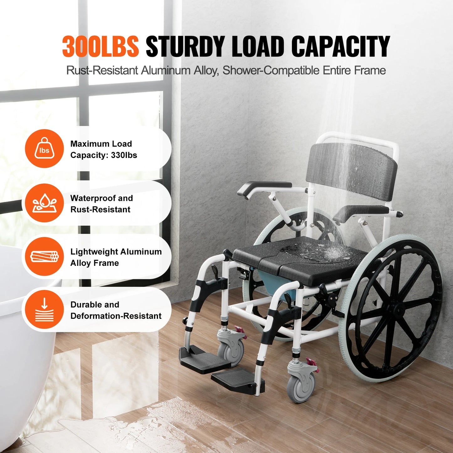 Shower Wheelchair Adjustable Rolling Chair For Disabled Adults