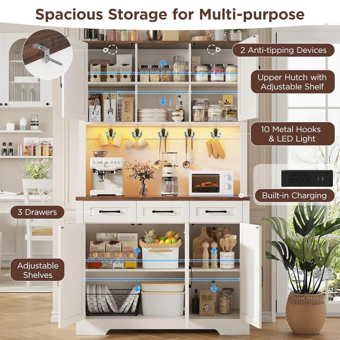 Tall Farmhouse Pantry Cabinet With LED Light And Charging Station
