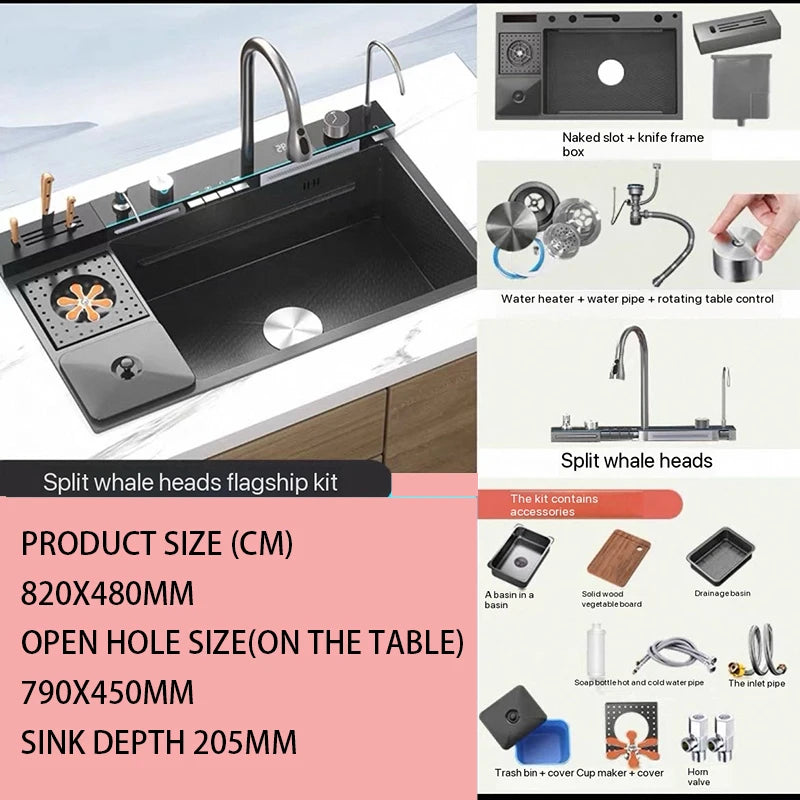 304 Stainless Steel Kitchen Waterfall Sink Digital Display Large Single Sink Dish Basin Sink With Multifunction Touch Waterfall
