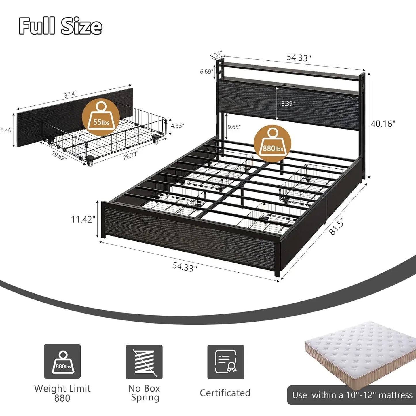 Full Metal Bed Frame With 4 Storage Drawers And Adjustable Headboard Shelf