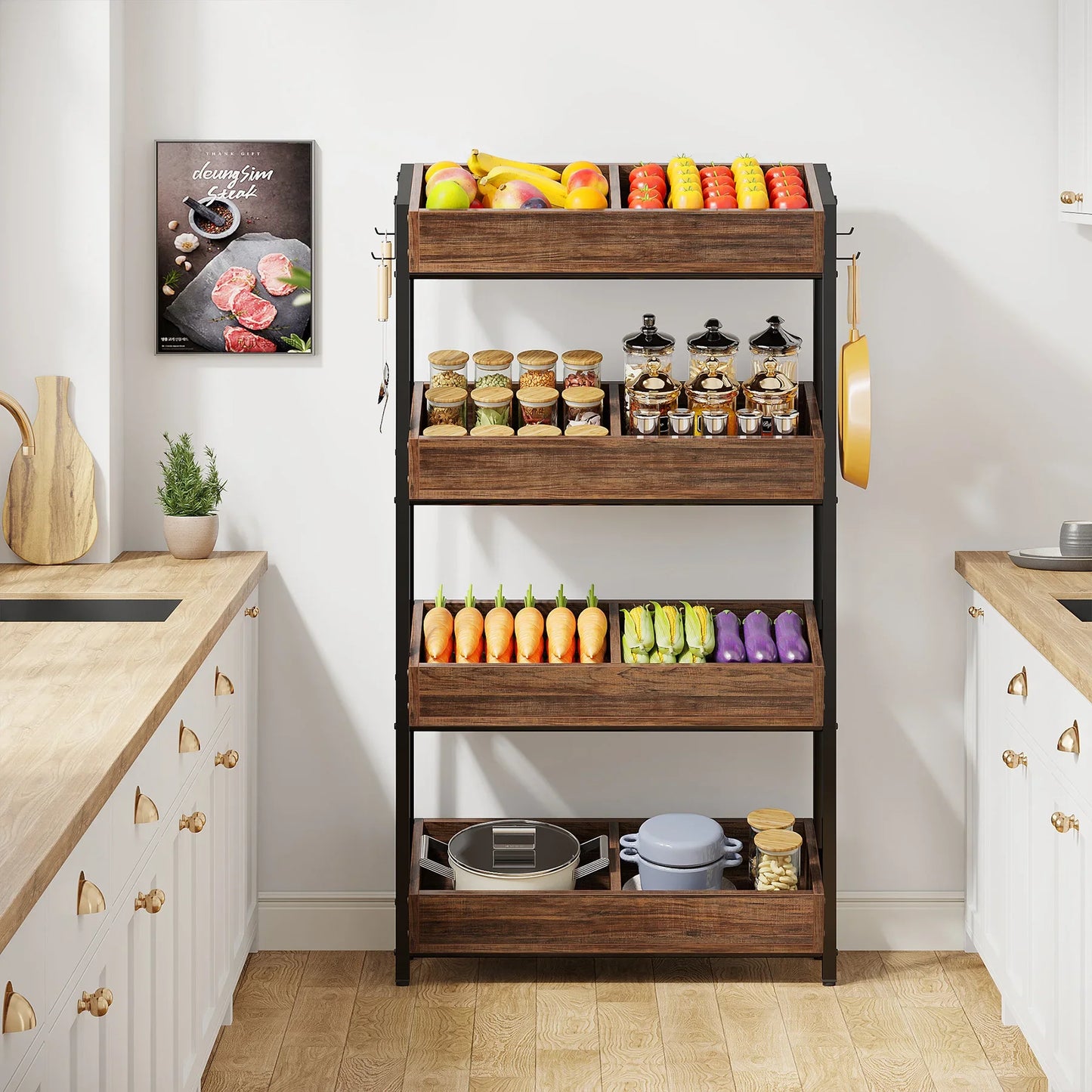 Tribesigns 4 Tier Wood Storage Shelves With Fruit And Vegetable Basket Stand