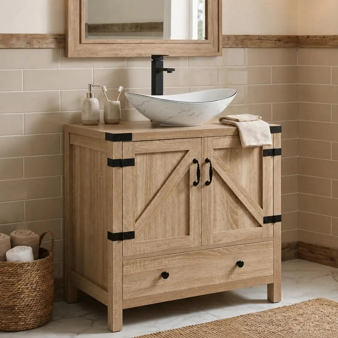 Rustic Bathroom Vanity With Pedestal Cabinet And Vessel Sink