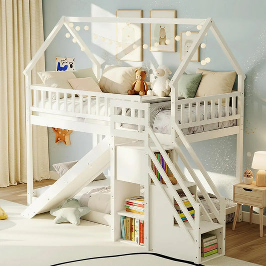 Wood Twin Over Twin Bunk Bed With Slide And Staircase