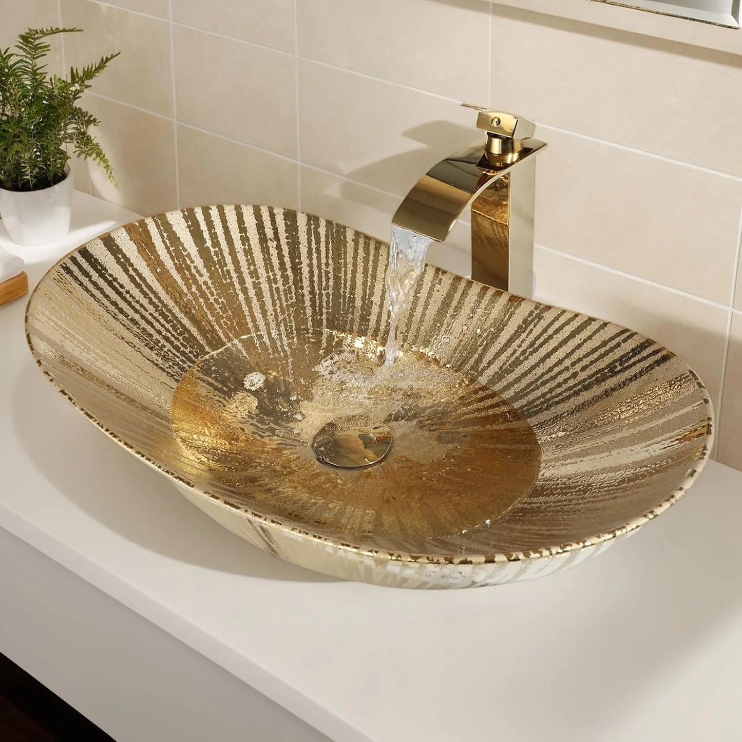 MEKKHALA KEMAIDI Vessel Sink Faucet And Drain Set Oval Ceramic