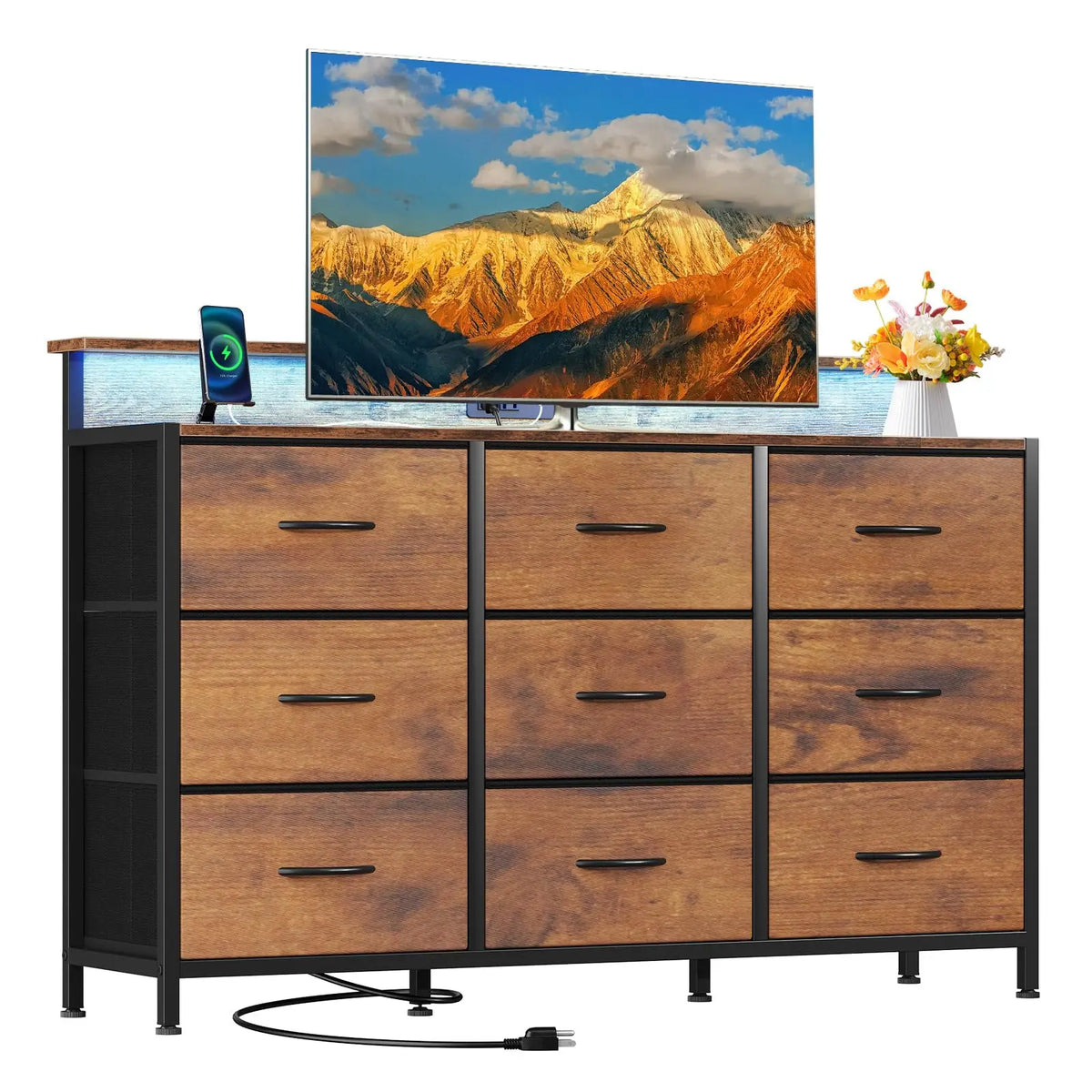JHK Modern Media Console With Fabric Drawers And Wood Top