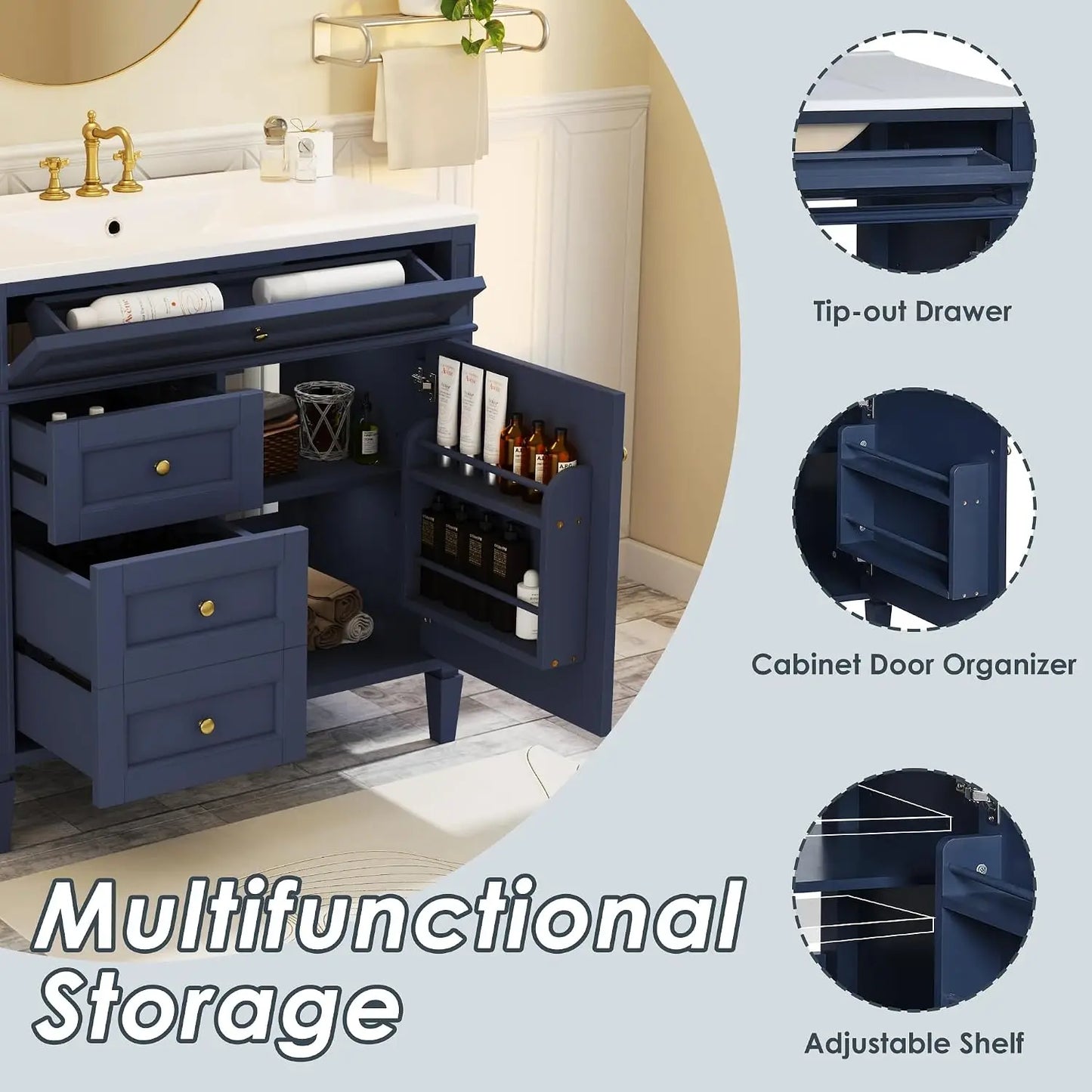 Customizable Modern Wooden Bathroom Vanity With Single Sink And Drawers