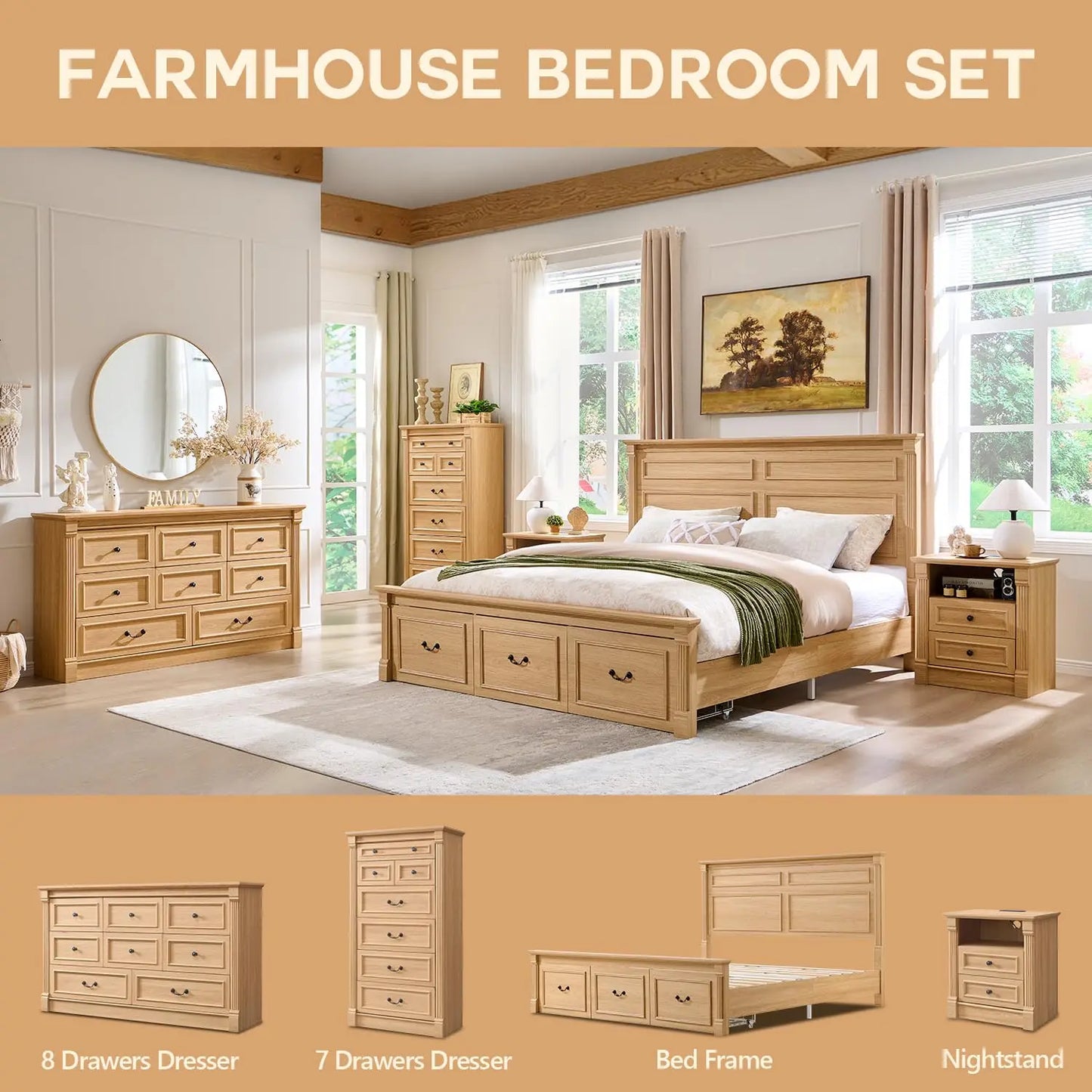Farmhouse Bed Frame With Storage Drawers Wood Platform