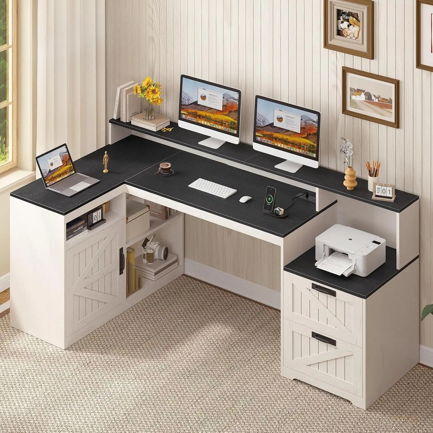 Farmhouse L Shaped Desk With Storage Shelves And Power Outlet