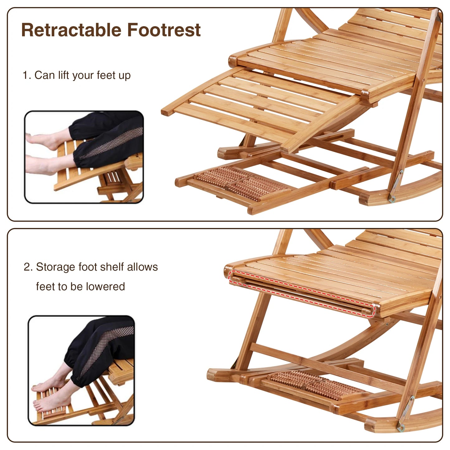 Heavy Duty Folding Rocking Chairs Bamboo Adjustable Indoor Outdoor Use