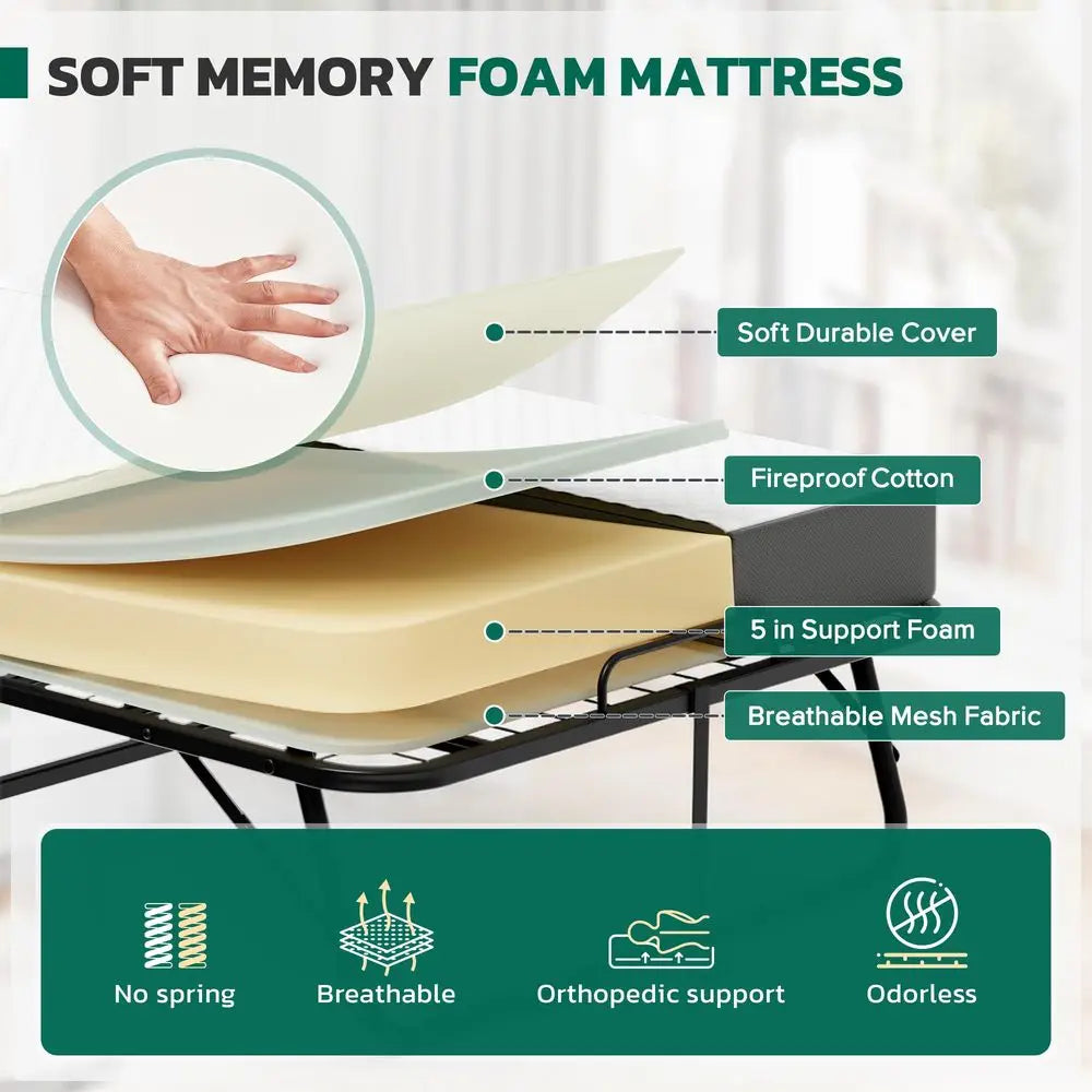 Folding Rollaway Bed With Memory Mattress And Metal Frame