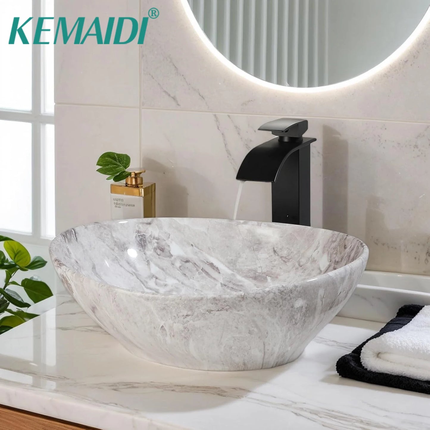 YANKSMART Ceramic Vessel Sink Oval Above Counter With Faucet Drain