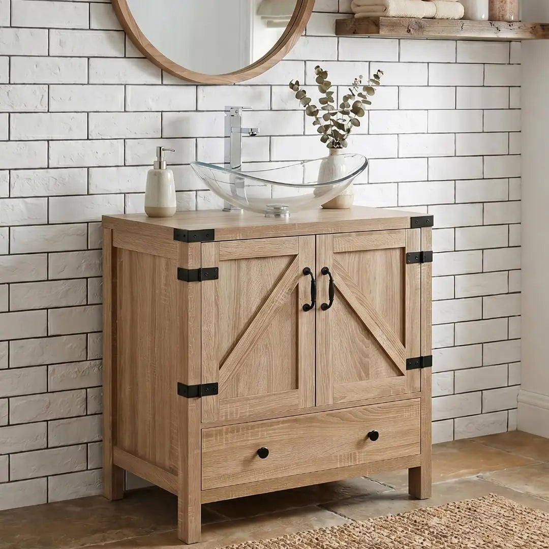 Rustic Bathroom Vanity With Pedestal Cabinet And Vessel Sink