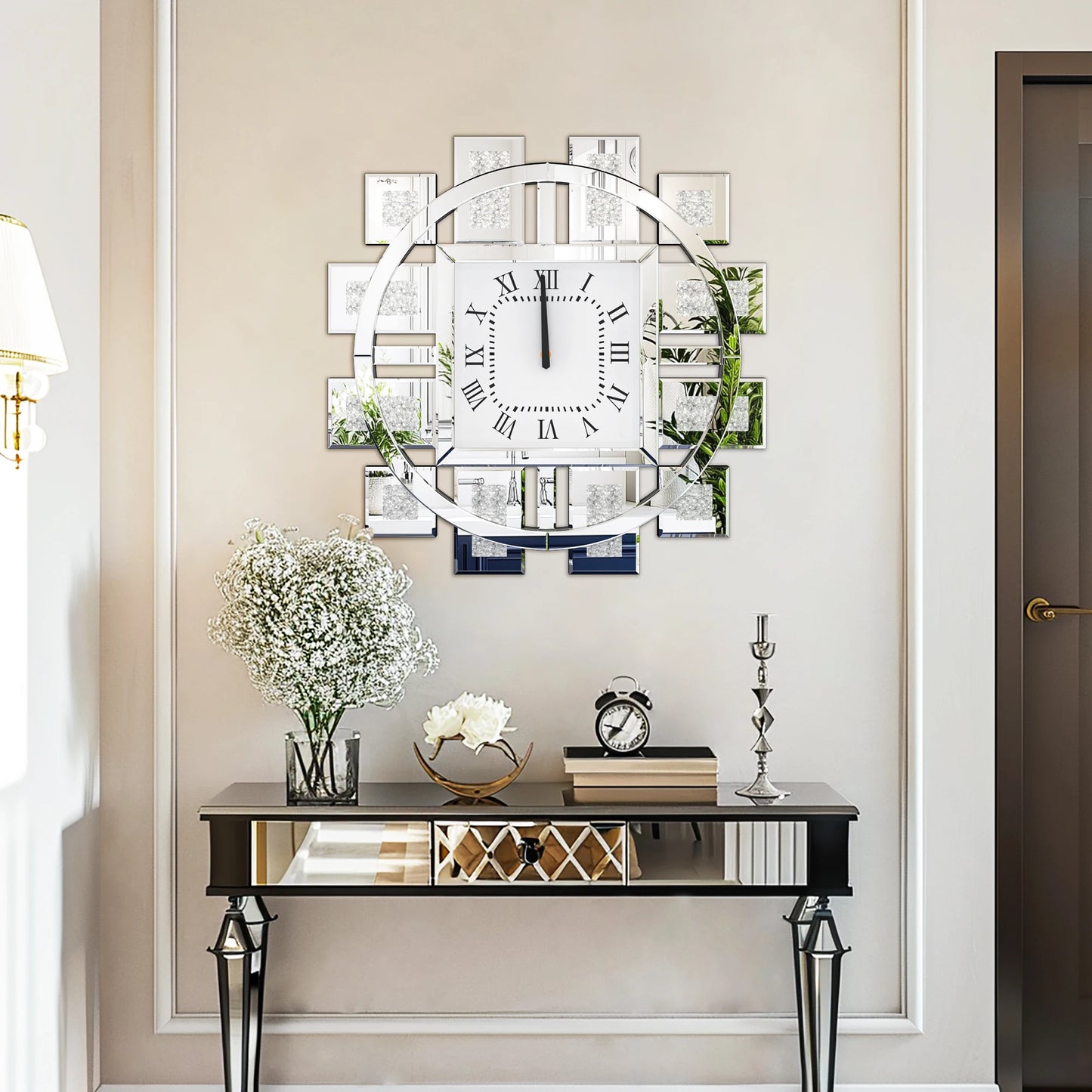 Irregular Diamond Mirrored Wall Clock Quartz With Roman Numerals