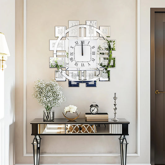 Irregular Diamond Mirrored Wall Clock Quartz With Roman Numerals