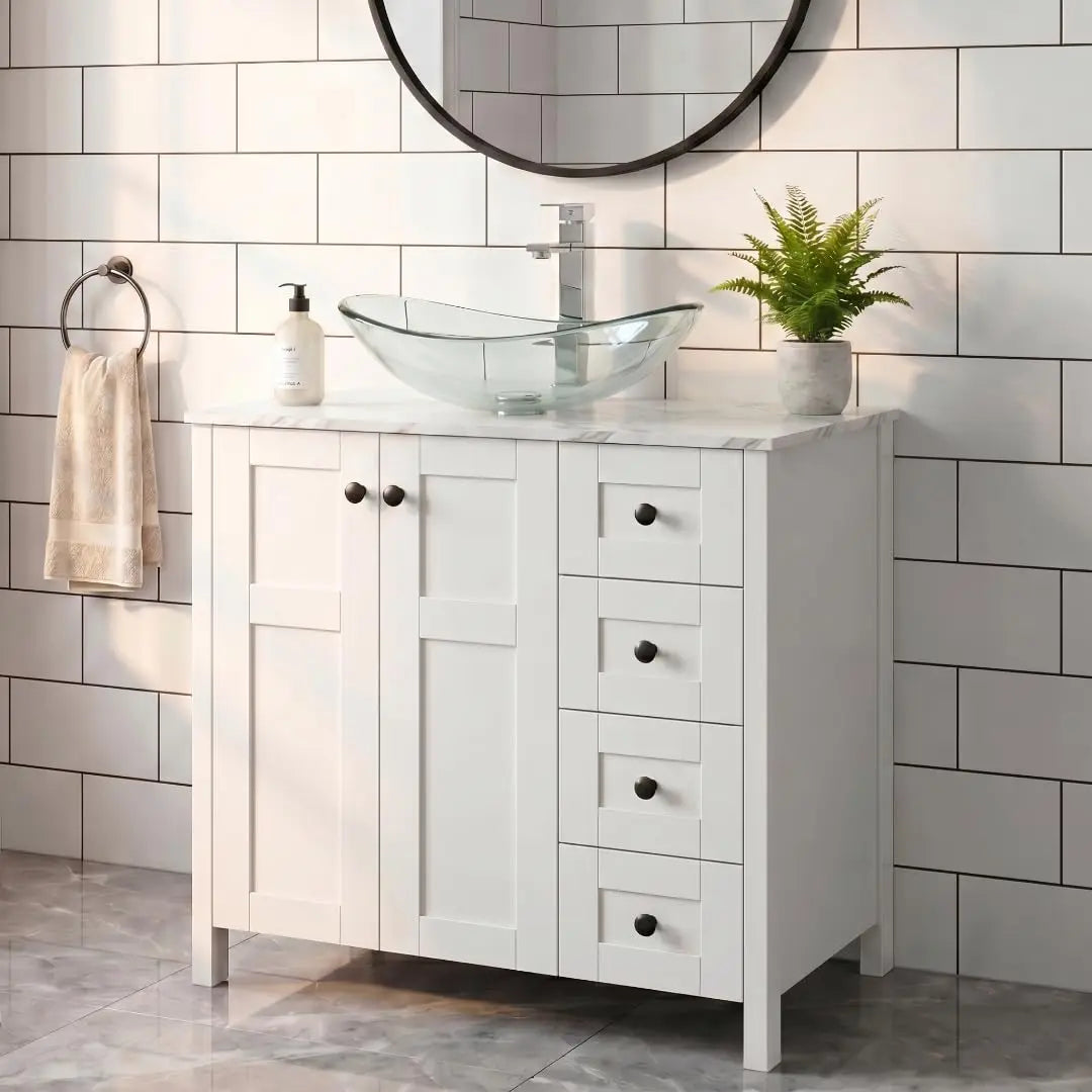Minimalist Bathroom Vanity With Marble Texture And Ceramic Sink