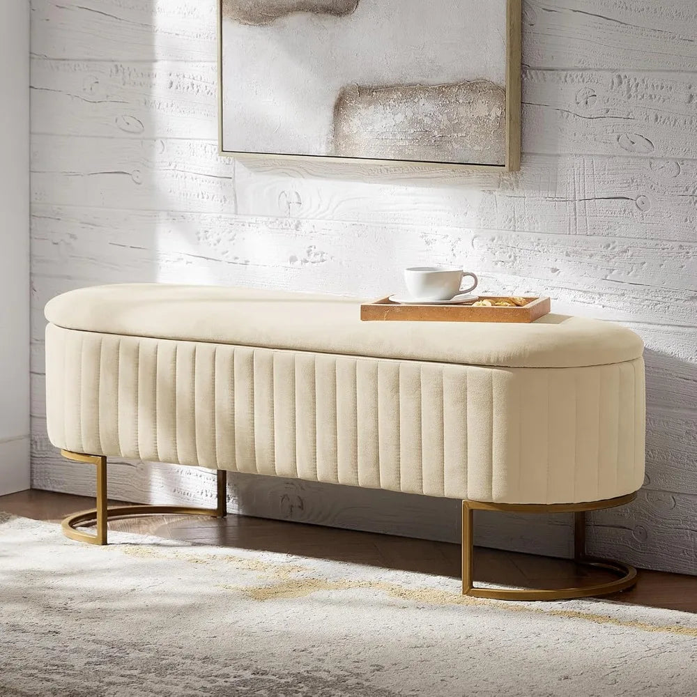 Storage Bench Ottoman With Velvet Upholstery And Flipping Lid Entryway Footrest