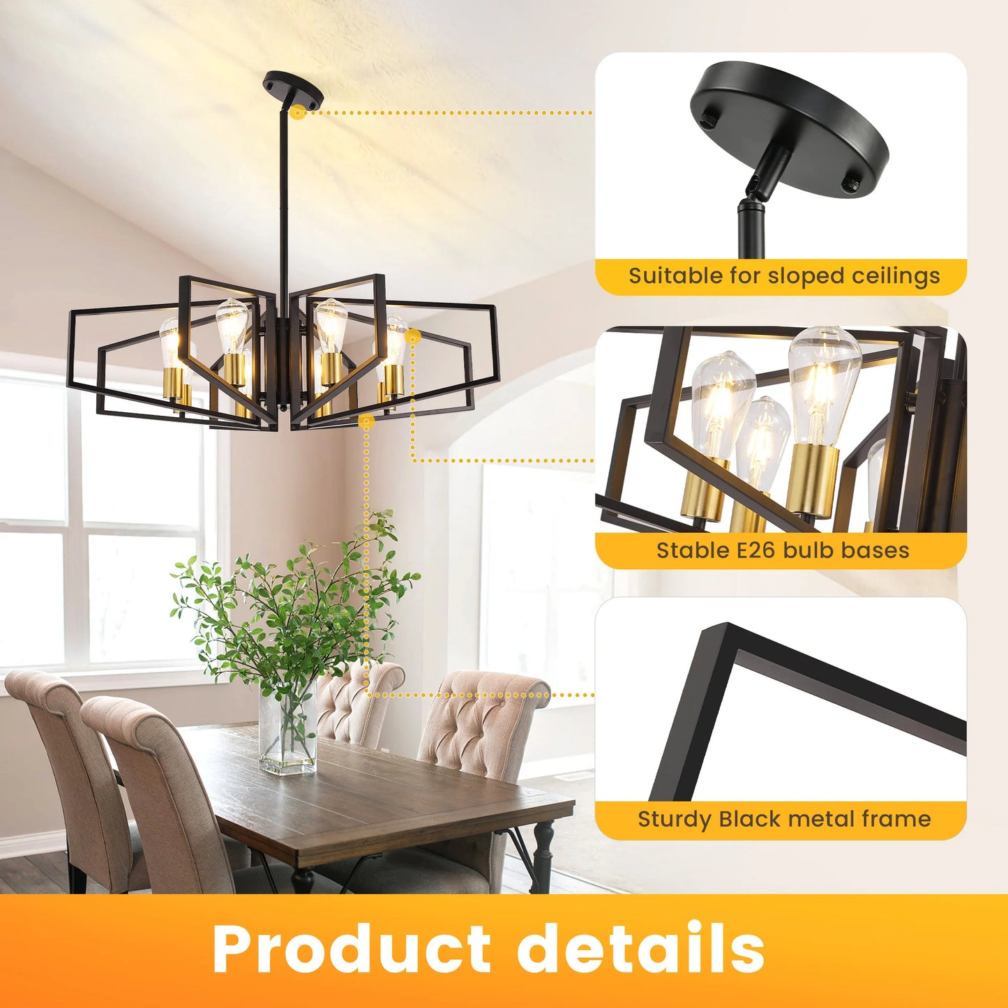 Modern 8 Light Geometric Metal Chandelier With Adjustable Height Pendant