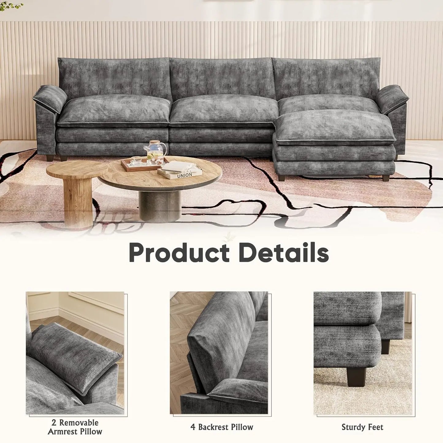 Modular Sectional Sofa With Reversible Ottoman Deep Seat Chenille