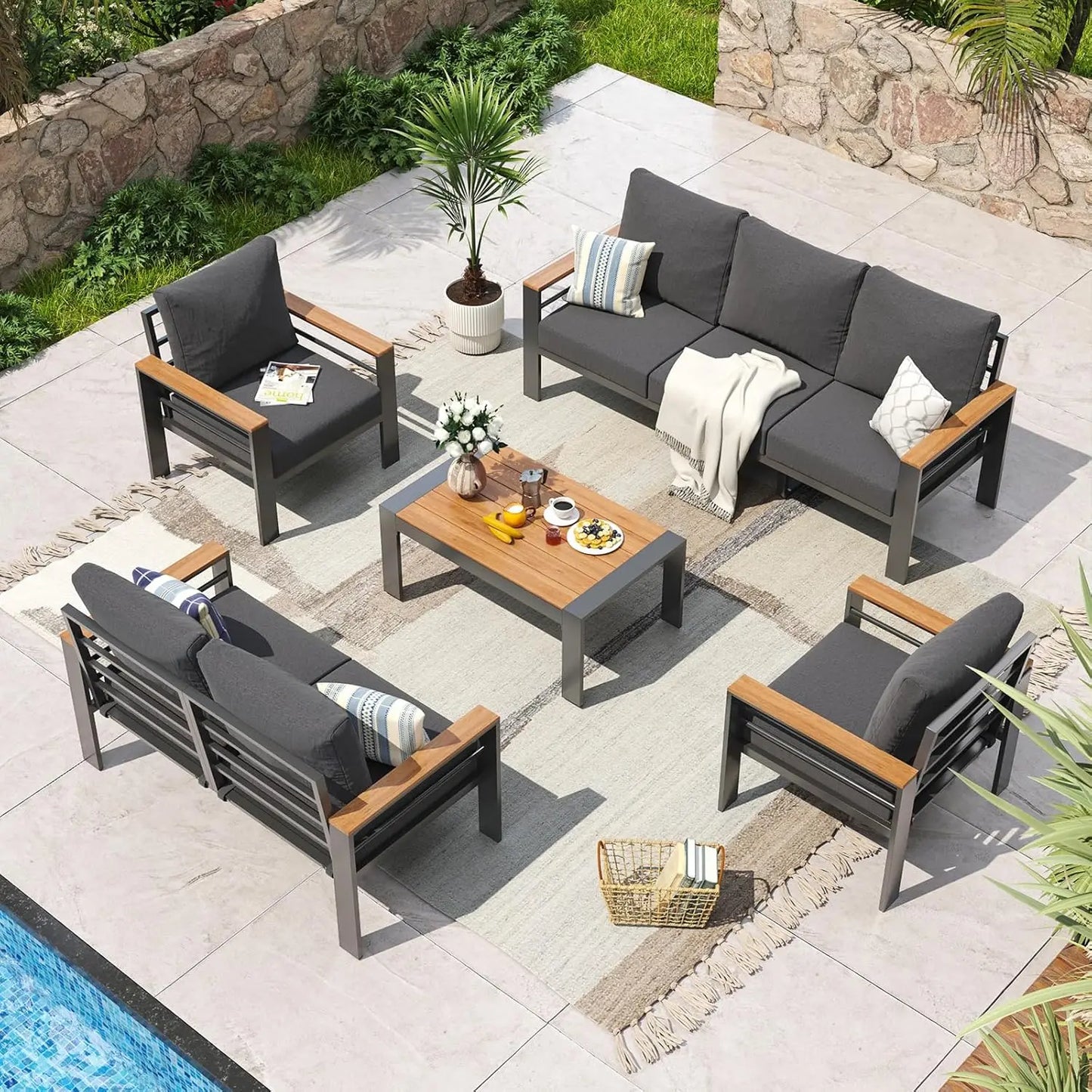 Aluminum Outdoor Patio Furniture Set With Cushions 7 Seats Coffee Table