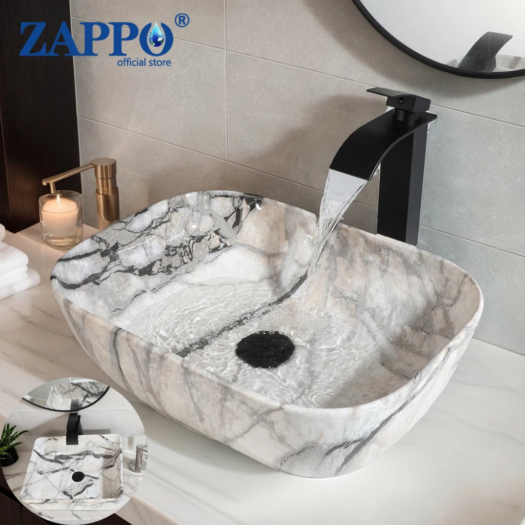 Torayvino ZAPPO Artistic Marble Pattern Ceramic Vessel Sink Set Faucet