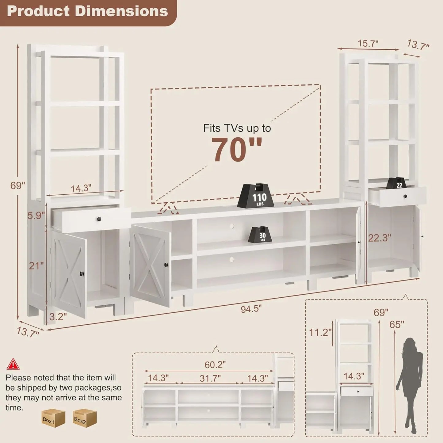 Entertainment Center Wall Unit TV Stand With Bookshelves Power Hub