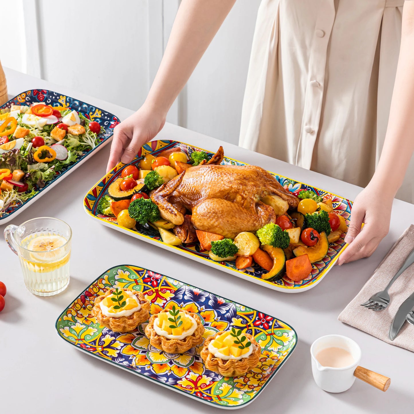 Malacasa Rectangular Ceramic Salad Plates Set for Cake and Appetizer Oven Safe