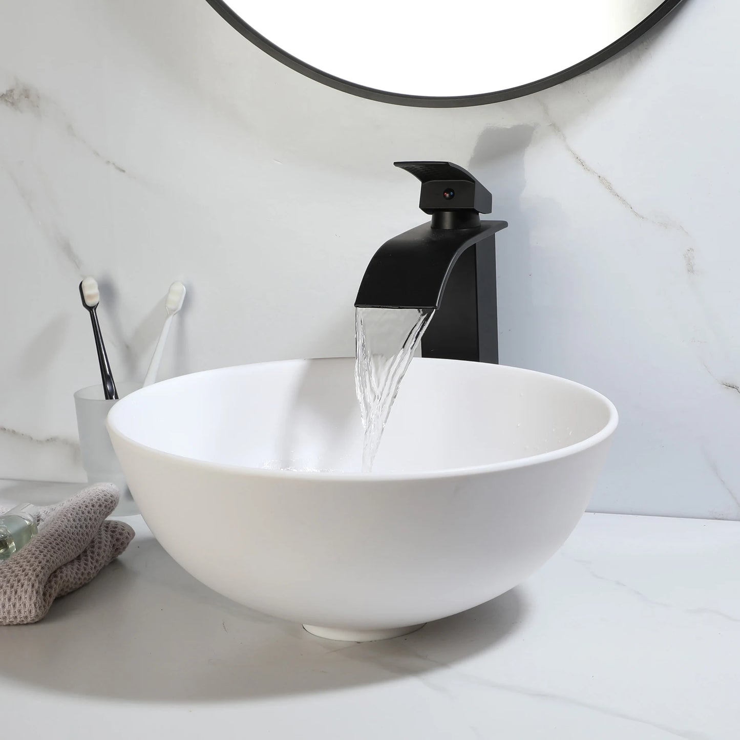 MEKKHALA Round Stone Resin Vessel Sink With Drain Combo Above Counter