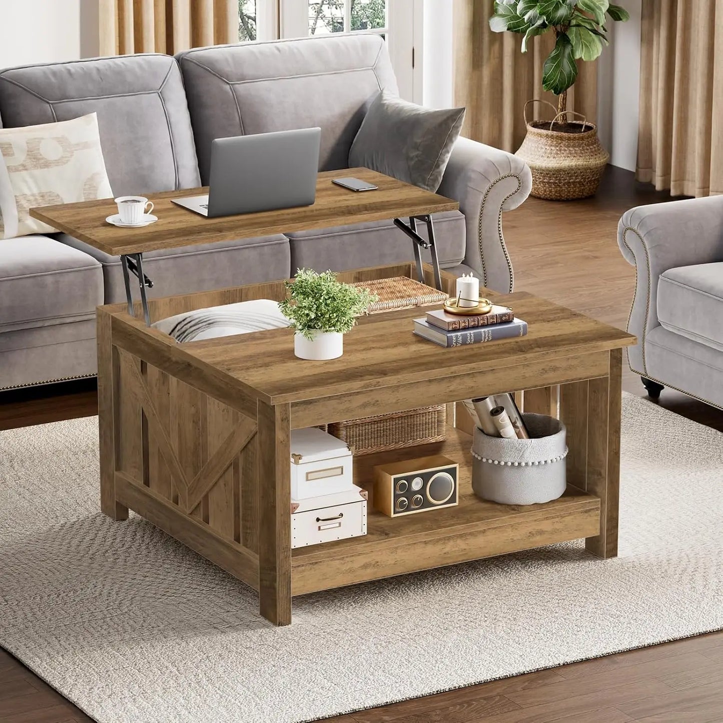 Lift Top Coffee Table With Storage Farmhouse Wood Central Table