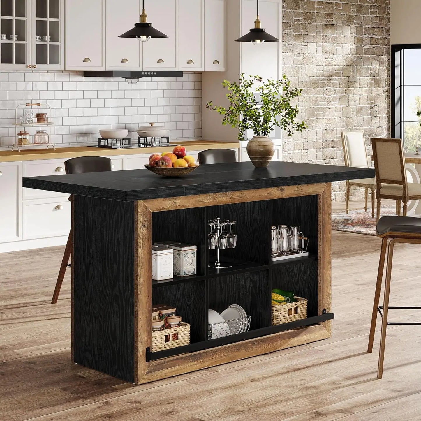 Counter Height Kitchen Island Table With Storage Cubbies And Footrest